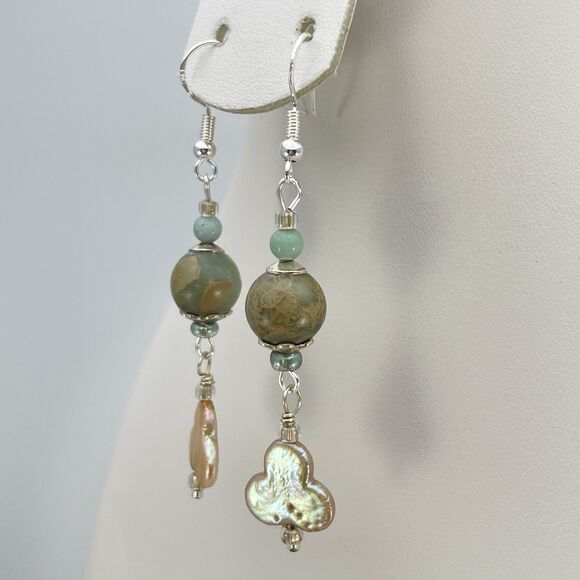 Earrings 925 Sterling Silver Plated Jasper Freshwater Clover Pearl Beaded Dangle - Picture 3 of 7